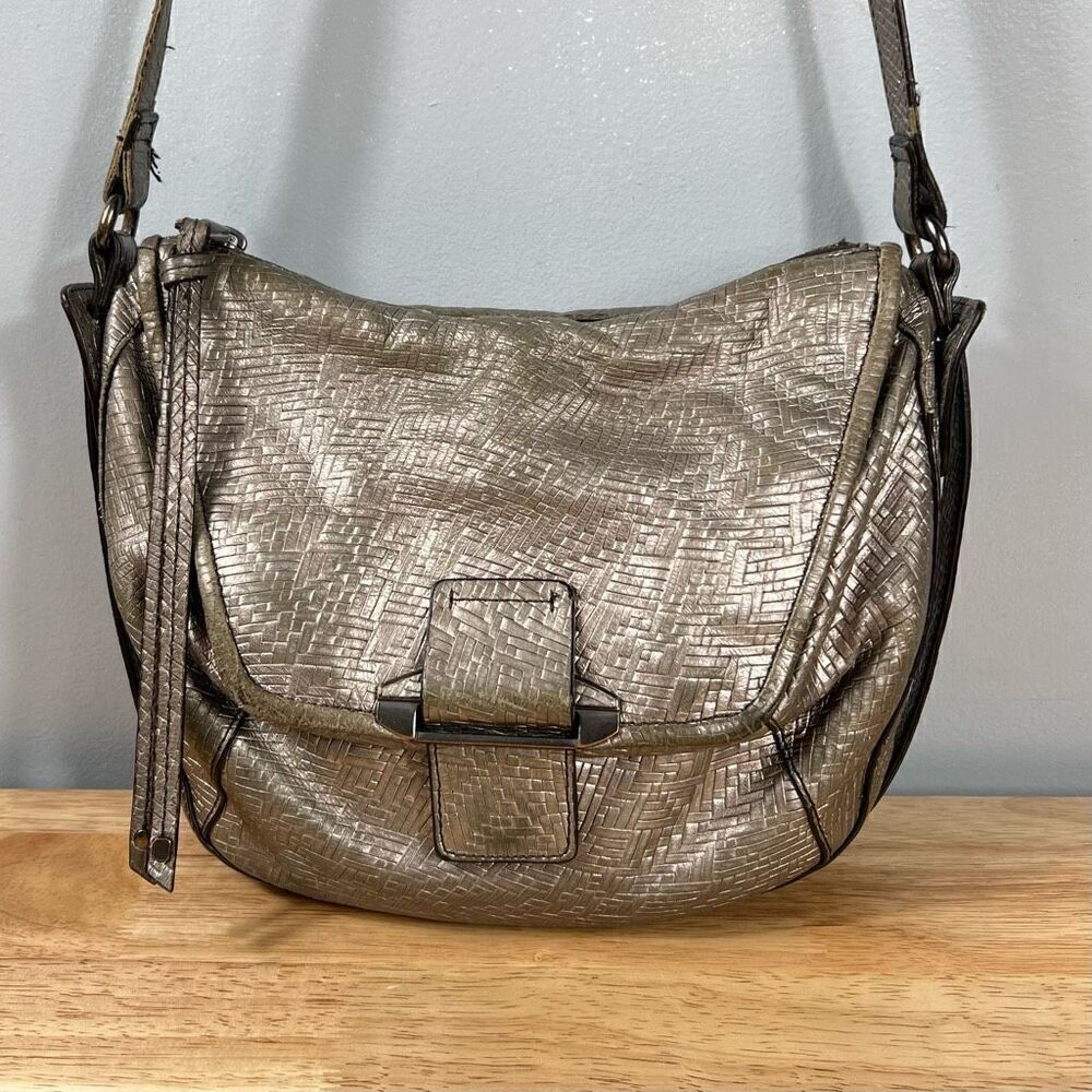 Kooba, “Gary” Crossbody Purse in Gunmetal Silver Faux Weave Women’s Bag